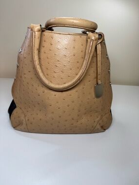 Furla Cymka Camel Ostrich Embossed Top-Handle Expandable Satchel RARE